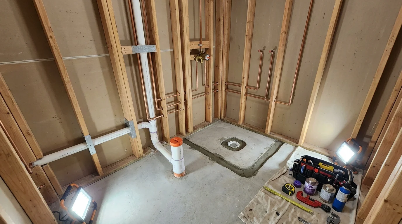 Bathroom rough-in plumbing during remodel by Johns Plumbing LLC in Machias
