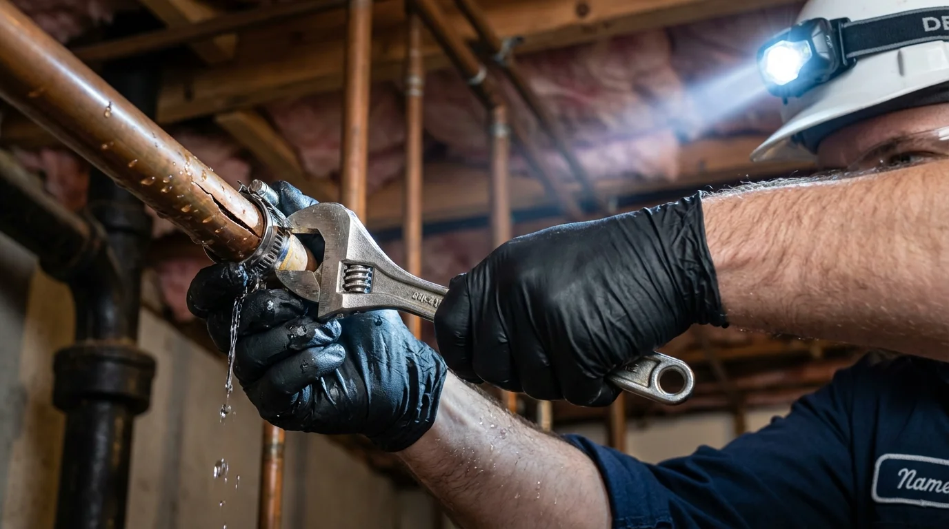 Emergency pipe clamp repair being performed by a Johns Plumbing LLC plumber in Machias
