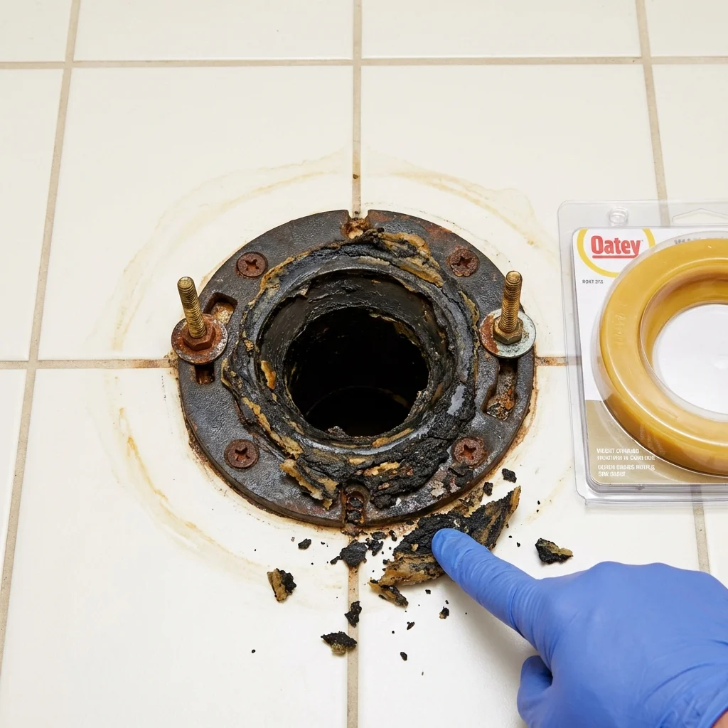 Failed wax ring showing water seepage at the base of a toilet in a Machias, ME home