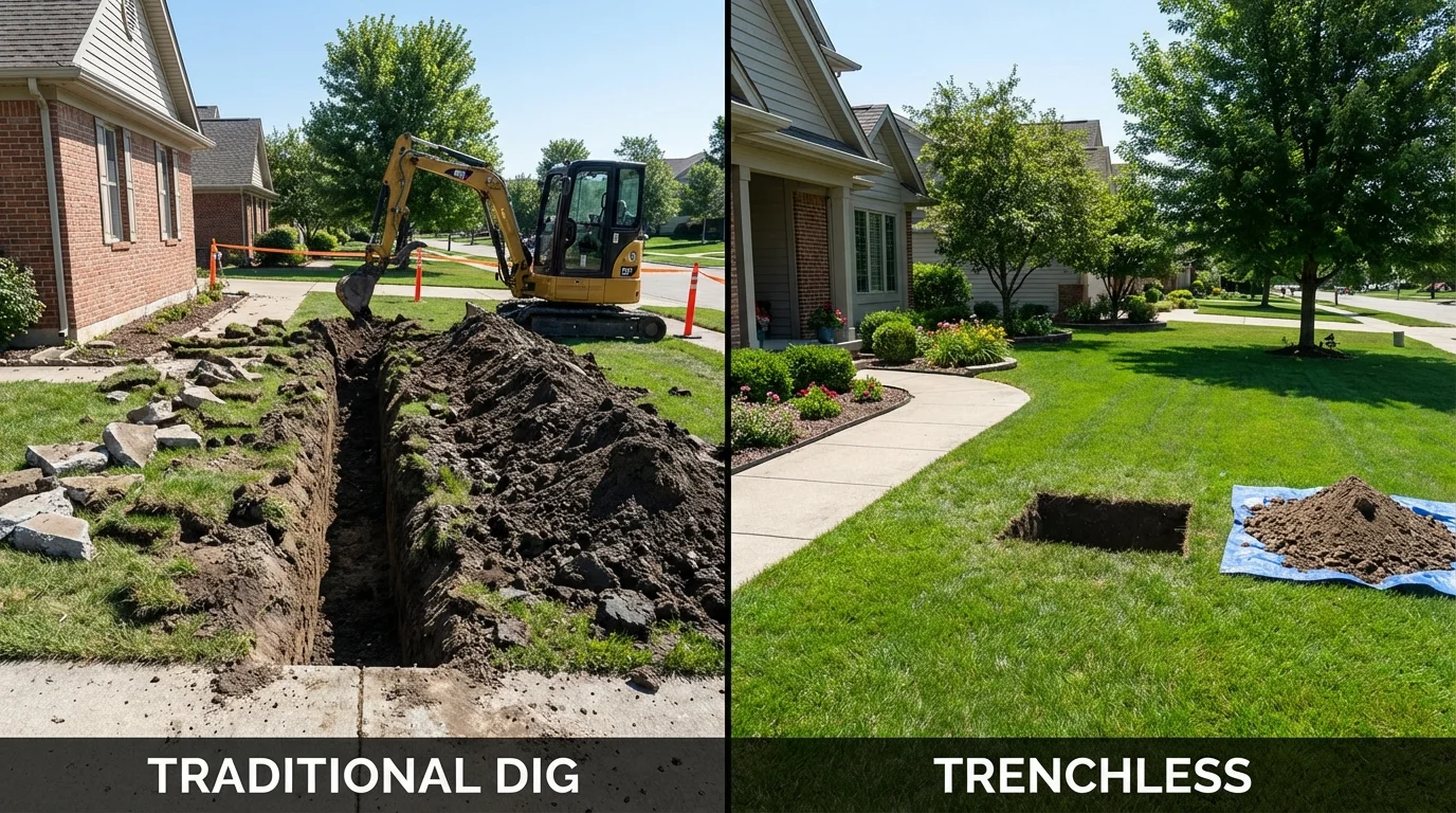 Trenchless sewer repair with minimal yard damage versus traditional excavation in Machias, ME